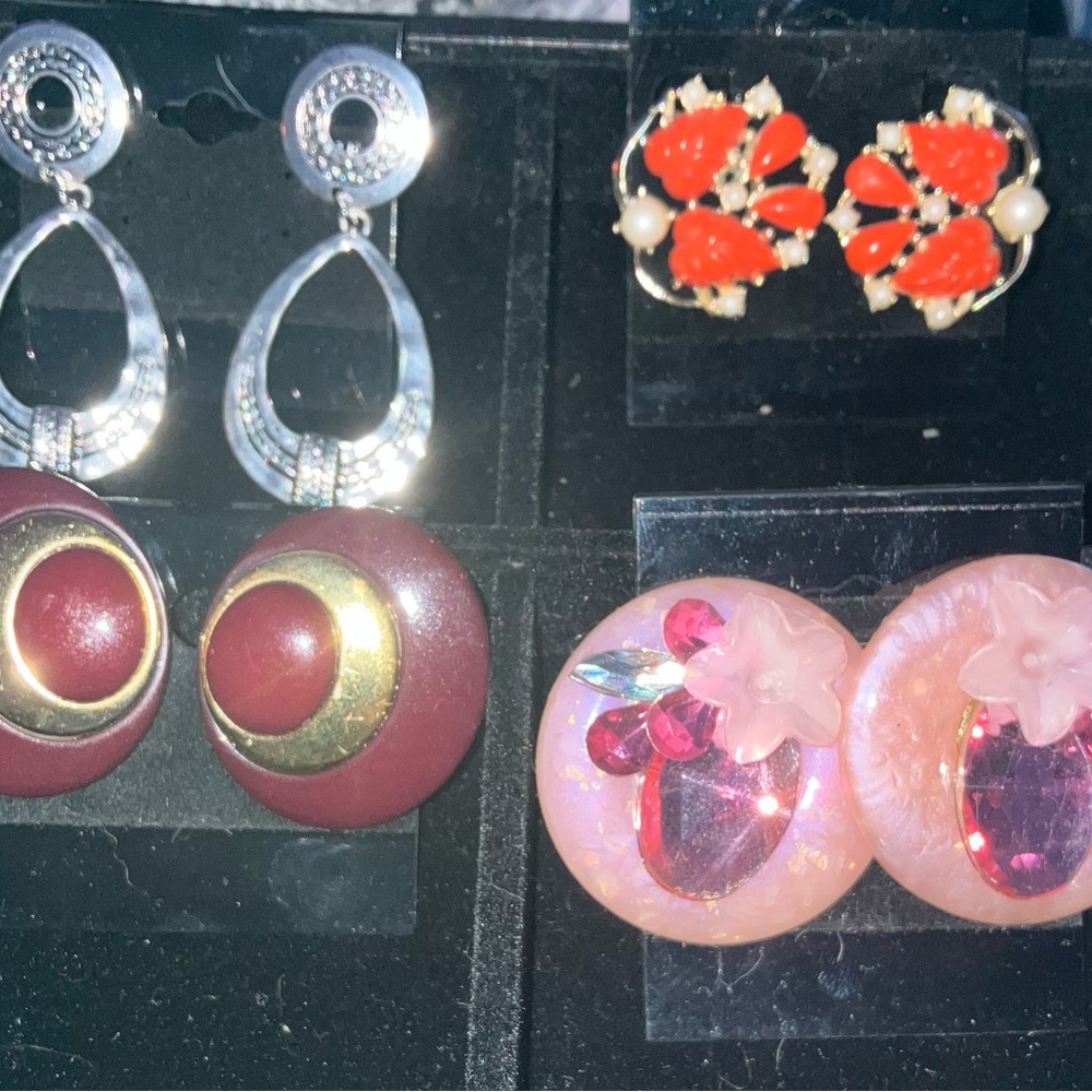 Vintage clip earrings 4 pair Silver and Red Bold Earrings with Elegant Design